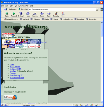 Screenshot of Netscape Communicator showing www.xenoveritas.org - all the content is squished to the left