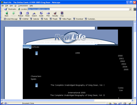 Netscape Communicator showing www.reallifecomics.com - large black rectangle