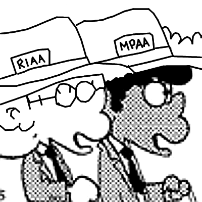 Jason wearing an "RIAA" hat, and Marcus wearing an "MPAA" hat