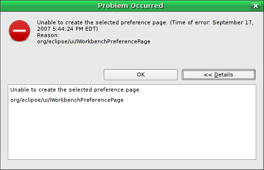 Problem Occurred: Reason: org/eclipse/ui/IWorkbenchPreferencePage