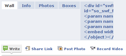 Facebook profile with a tab containing raw HTML code